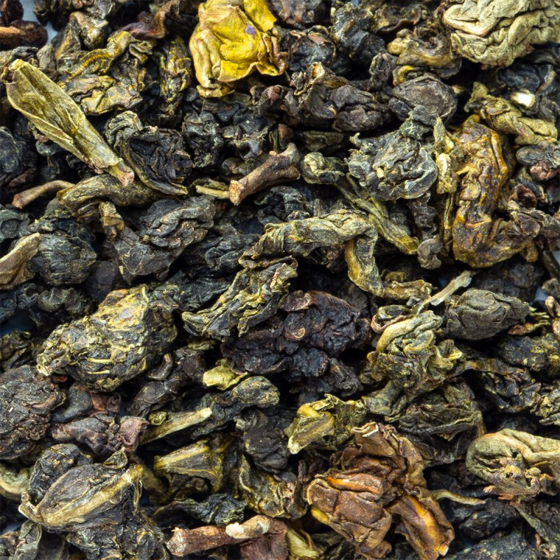 fu liang farm oolong thee gerolde groene en bruine losse bladeren