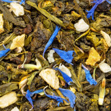 mengsel van oolong theebladeren perzik vanille en blauwe bloemblaadjes