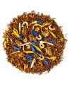 Mischung aus Rooibos, Zitrone und Orange mit gelben und blauen Blütenblättern sowie Stücken getrockneter Schale
