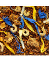 Mischung aus Rooibos, Zitrone und Orange mit Eiseffekt, gelben und blauen Blütenblättern und Rindenstücken