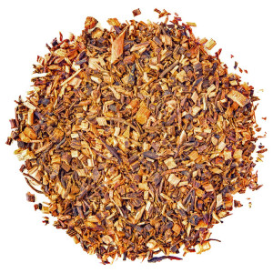 Mischung aus Honeybush-Blättern und -Zweigen für ein koffeinfreies Aufguss mit rötlich-brauner Farbe