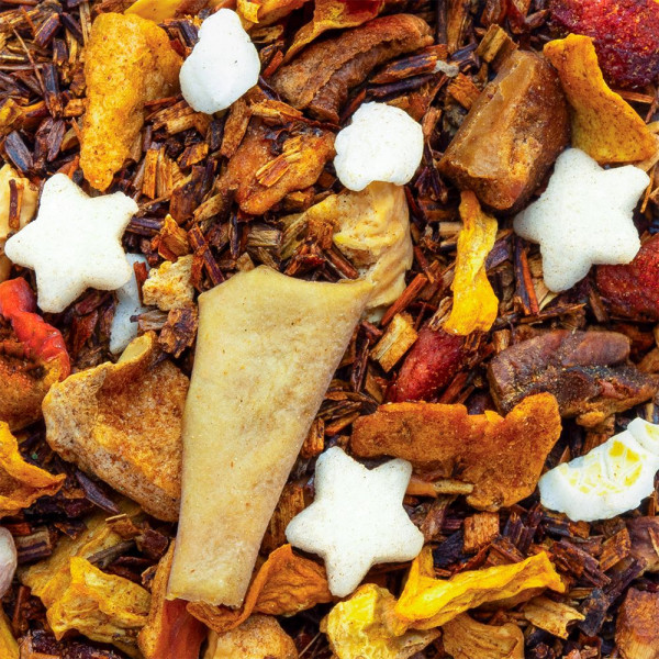 blend of rooibos dried fruits citrus pieces and white stars from enchanted night rooibos