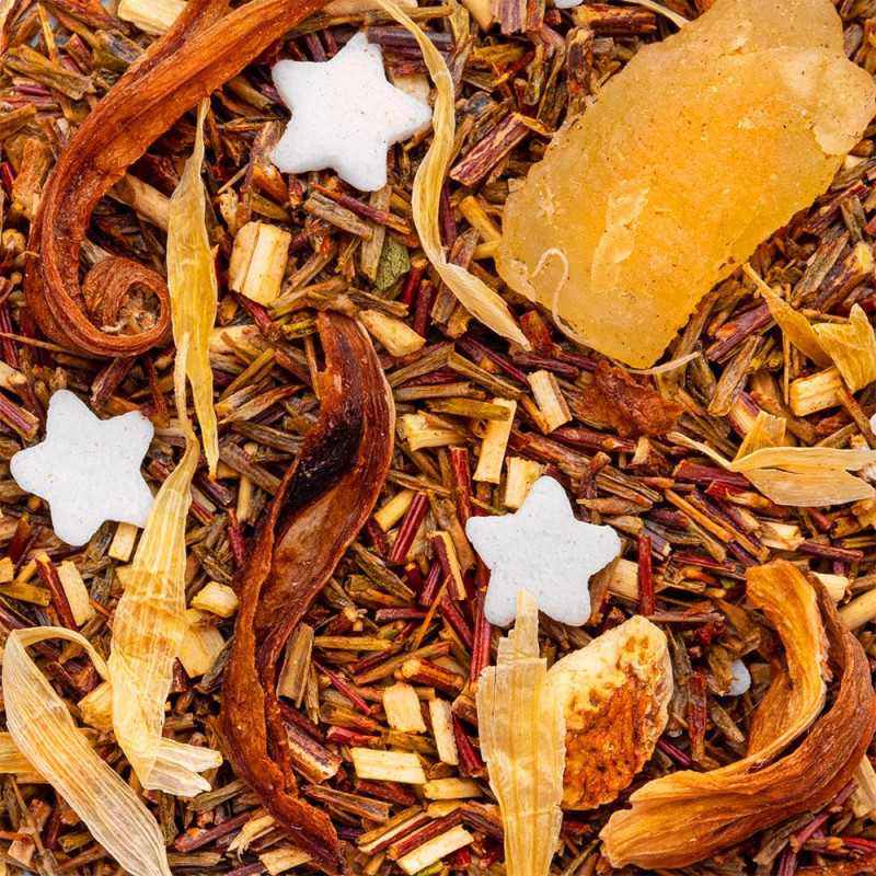 Mischung aus Rooibos Zitrone mit Meringue-Noten, Zitrusstücken, getrockneten Blüten und weißen Zuckersternen