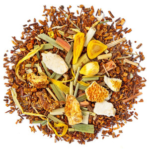 Mischung aus Rooibos, Zitrone, Schalen und getrockneten Kräutern für einen fruchtigen und erfrischenden Aufguss