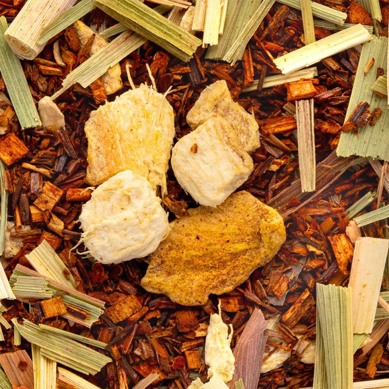 Mischung aus Rooibos, Ingwer, Zitrone, Ingwerstücken und getrockneten Kräutern