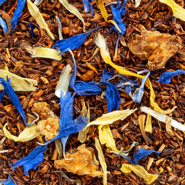 miscela di rooibos con fiori blu e gialli e pezzi di frutta secca