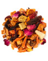 Mischung aus getrockneten Früchten, Hibiskus, Rosenblütenblättern, Apfelstücken und Ingwer für tropischen Kräutertee