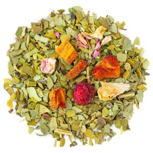 Mischung aus Mate mit Granatapfelstücken, Johannisbeeren und Blütenblättern für fruchtige Aufgüsse