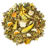 mengsel van maté bladeren van bloedsinaasappel schillen en gele bloemblaadjes voor fruitige infusie
