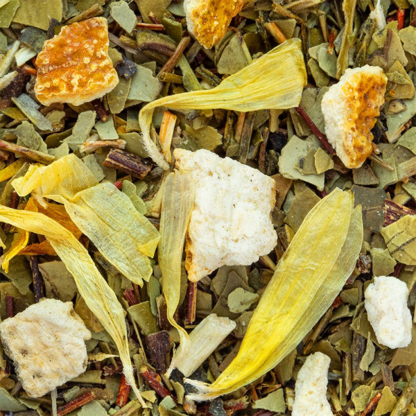miscela di mate, foglie di arancia rossa e petali gialli per infusione fruttata