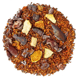 mengsel van rooibos met stukjes sinaasappelschil en cacaobrokjes voor een lekkere infusie