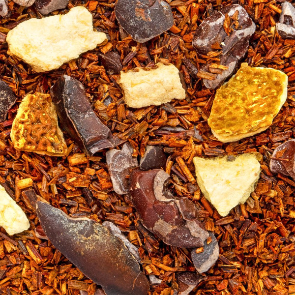miscela di rooibos pezzi di scorza e scaglie di fave di cacao per infusione