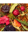 blend of CBD red fruit herbal tea with dried leaves strawberries cherries and red berries