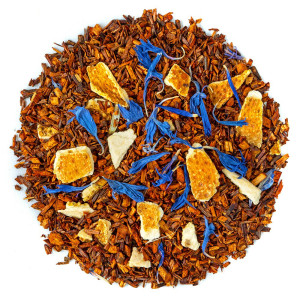 Mischung aus Rooibos mit Zitrusschalen und blauen Blütenblättern