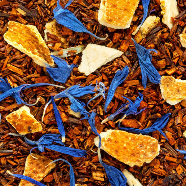 rooibos blend with citrus pieces and blue flower petals for infusion