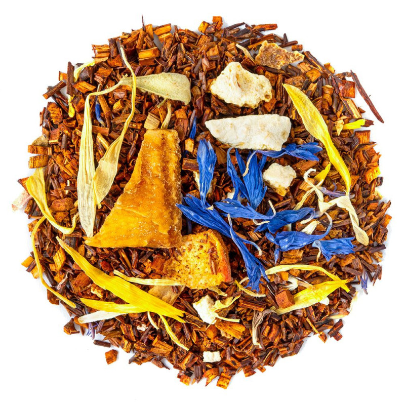 rooibos blend with citrus pieces yellow and blue flower petals