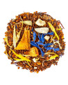 mengsel van rooibos met stukjes citrusvruchten gele en blauwe bloemblaadjes
