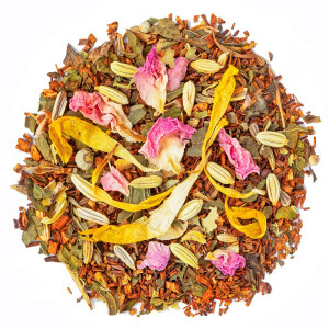 Mischung aus Rooibos mit Blütenblättern, Fenchelsamen und aromatischen Kräuterblättern