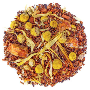 Mischung aus Rooibos mit Kamillenblüten, gelben Blütenblättern und Stücken aus kristallisiertem Honig