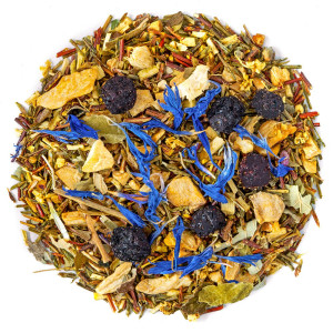 Mischung aus Rooibos, Heidelbeere, Ingwer, Blütenblättern von Vergissmeinnicht und Zitrusstücken