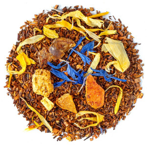 Mischung aus Rooibos mit Pfirsich und Aprikose, Fruchtstücken und bunten Blütenblättern