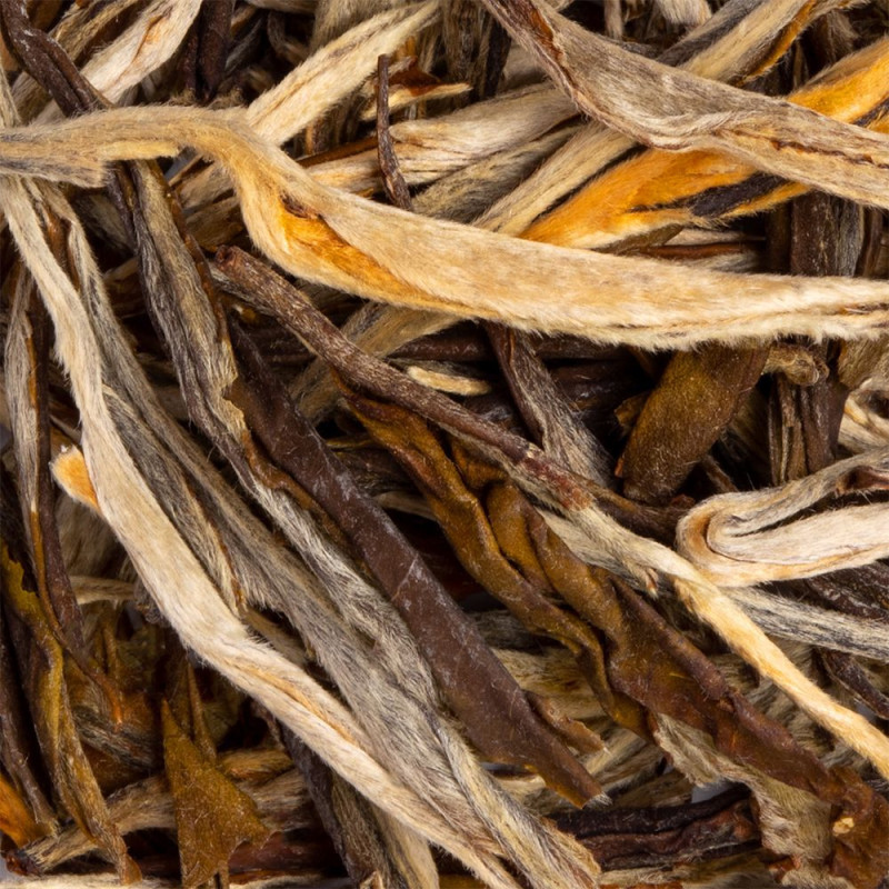 Anji Bai Cha 1st Grade white tea long leaves with beige brown hues and downy texture