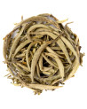 Blätter des weißen Tees Yin Zhen Silverneedle mit langen, flaumigen Knospen in silberfarben