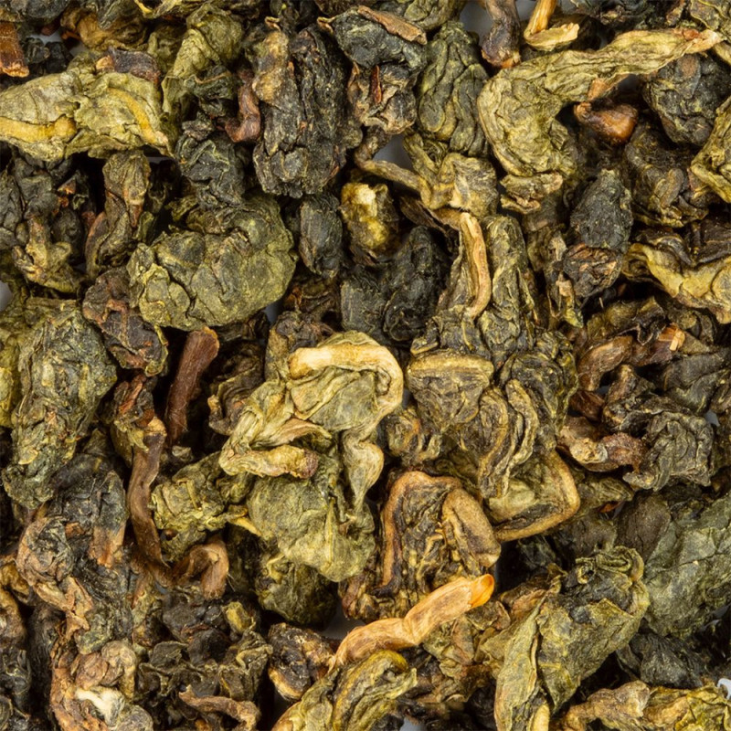 Java Halimun Jade oolong tea leaves rolled and dried with green and brown nuances
