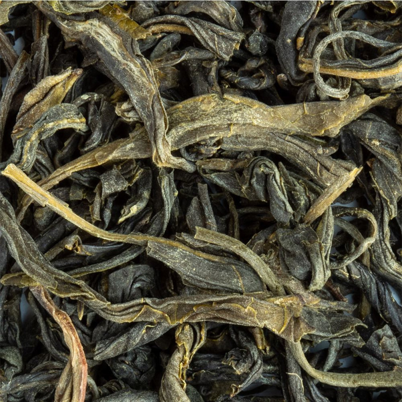 foglie secche di tè verde Mao Feng Hua Hai dalle sfumature verde scuro e giallo pallido