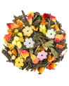 Mischung aus Sencha-Grüntee mit Blütenblättern, Fruchtstücken und farbigen gezuckerten Blüten