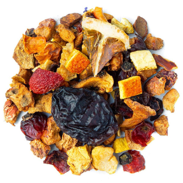 mengsel van gedroogd fruit appel pruim kers sinaasappel voor appeltaart kruidenthee Thés et Traditions