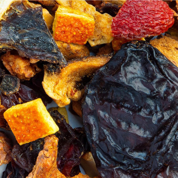 mengsel van gedroogd fruit appel sinaasappel pruim aardbei voor appeltaart kruidenthee Thés et Traditions