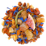 Mengsel van kruidenthee met stukjes watermeloen blauwe bloemen en gedroogd fruit Thés & Traditions