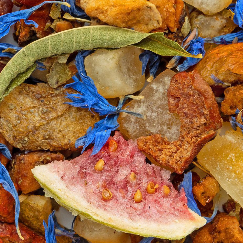 piece of dried watermelon blue flowers fruit pieces and leaves for herbal tea