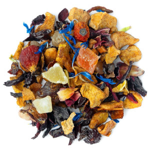 Mischung aus getrockneten Früchten, Hibiskus, Zitrusfruchtstücken und blauen Blütenblättern für Früchtetee Fruity Juice