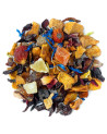 Mischung aus getrockneten Früchten, Hibiskus, Zitrusfruchtstücken und blauen Blütenblättern für Früchtetee Fruity Juice