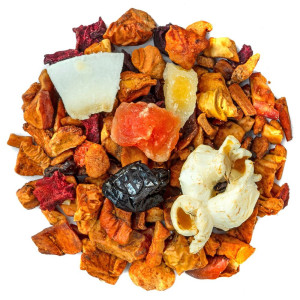 Mischung aus getrockneten Früchten, Mandelnstücken, Apfel, Hibiskus und gepufftem Mais für Kräutertee Mandelwolke