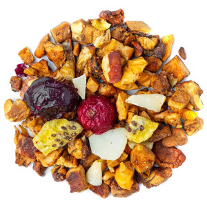 mengsel van kruidenthee gedroogd fruit kers kokos stukjes appel en chiazaad