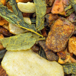 Mischung aus Matcha-Teeblättern, getrockneten Fruchtstücken und Kräutern für Kräutertee Creamy Matcha