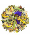 Kräutertee-Mischung mit Ingwer, ganzen Blättern, Blüten und farbigen Rindenstücken