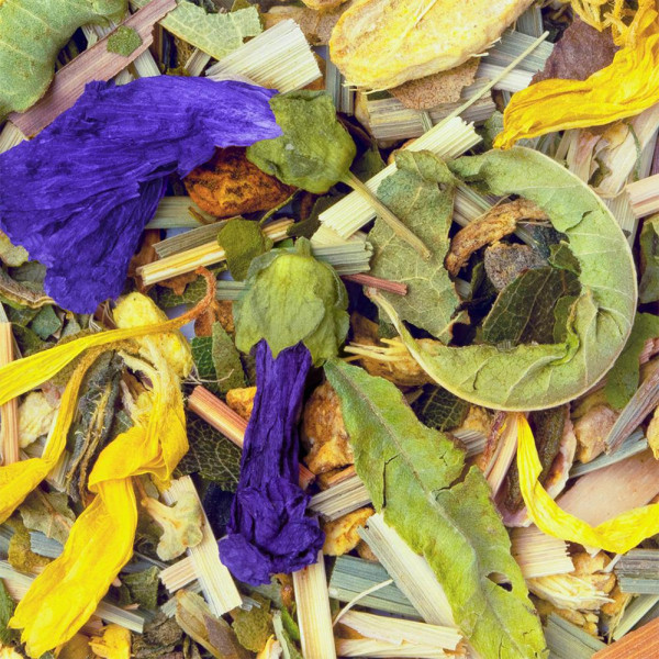 mélange de tisane gingembre avec feuilles fleurs et morceaux d'écorce colorés