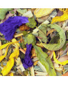 Kräutertee-Mischung mit Ingwer, ganzen Blättern, Blüten und farbigen Rindenstücken