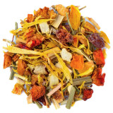 mengsel van rose matin kruidenthee met stukjes fruit en gekleurde gele bloemblaadjes