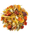 blend of rose morning herbal tea with fruit pieces and colorful yellow petals