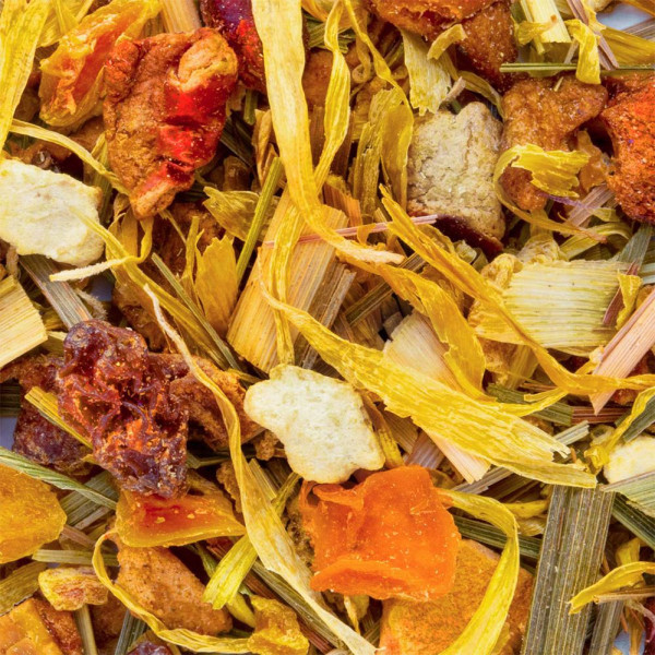 blend of dried plants, flowers and fruits for rose matin herbal tea by Thés et Traditions