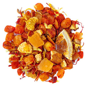 Mischung aus getrockneten Früchten: Mango, Orange und Hibiskus für den Kräutertee Mango Lover von Thés & Traditions