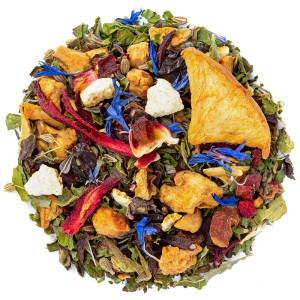 Kräuterteemischung mit Minzfrische, Fruchtstücken, Blütenblättern und Minzblättern