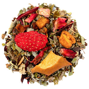 Mischung aus Kräutertee mit Wildbeeren, roten Früchten und getrockneten Apfelstücken