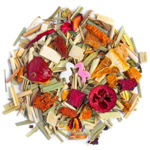 Kräutertee-Mischung mit Zitrusfrüchten, Beeren, getrockneten Kräutern und rosafarbenen Flamingo-Dekorationen