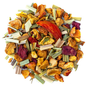 Kräuterteemischung Sommersonne mit getrockneten Fruchtstücken und farbigen aromatischen Kräutern